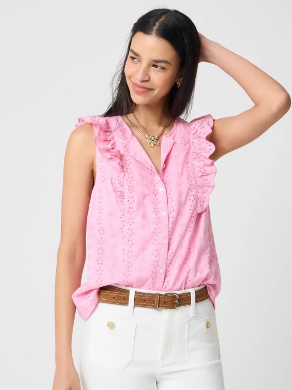 J. Crew Pink Eyelet Ruffle Button-Front Sleeveless Top